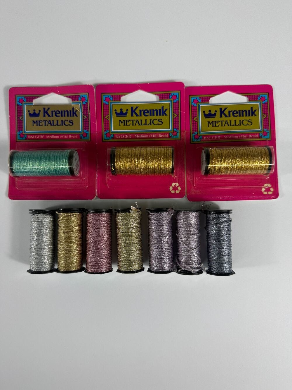 Vintage Kreinik Metallic Balger Medium #16 Braid Spools Lot of 10 NIP & Loose